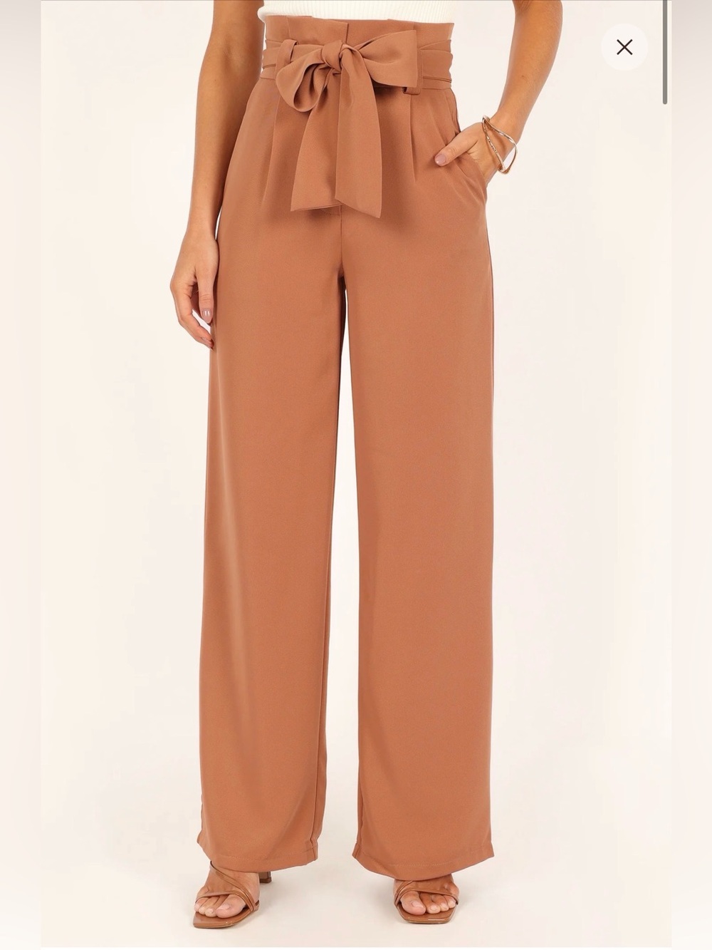 Petal & Pup Camel High-Waist Paperbag Wide-Leg Pants with Self-Tie